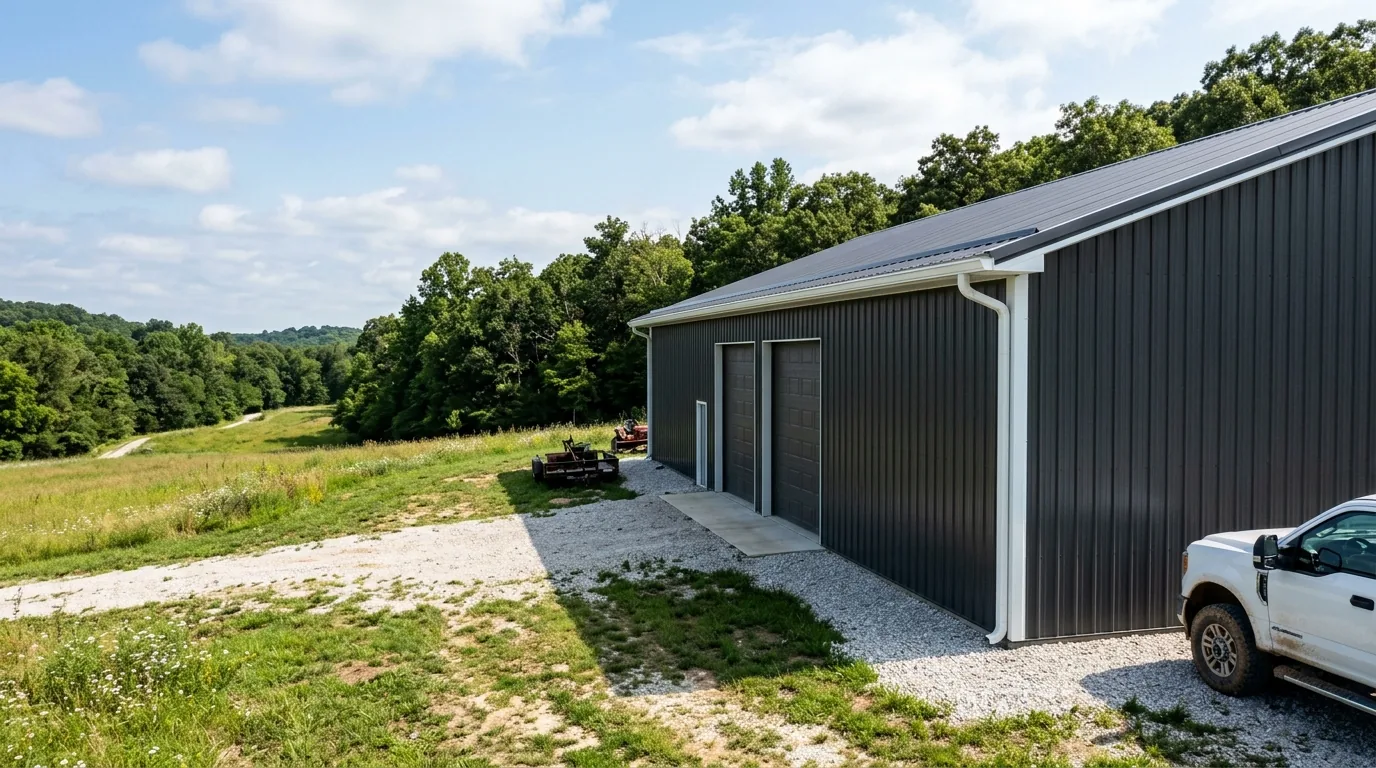 Commercial seamless gutters on rural metal shop building in Missouri